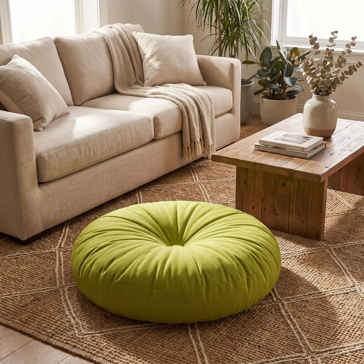 coussin de sol rond chenille vert