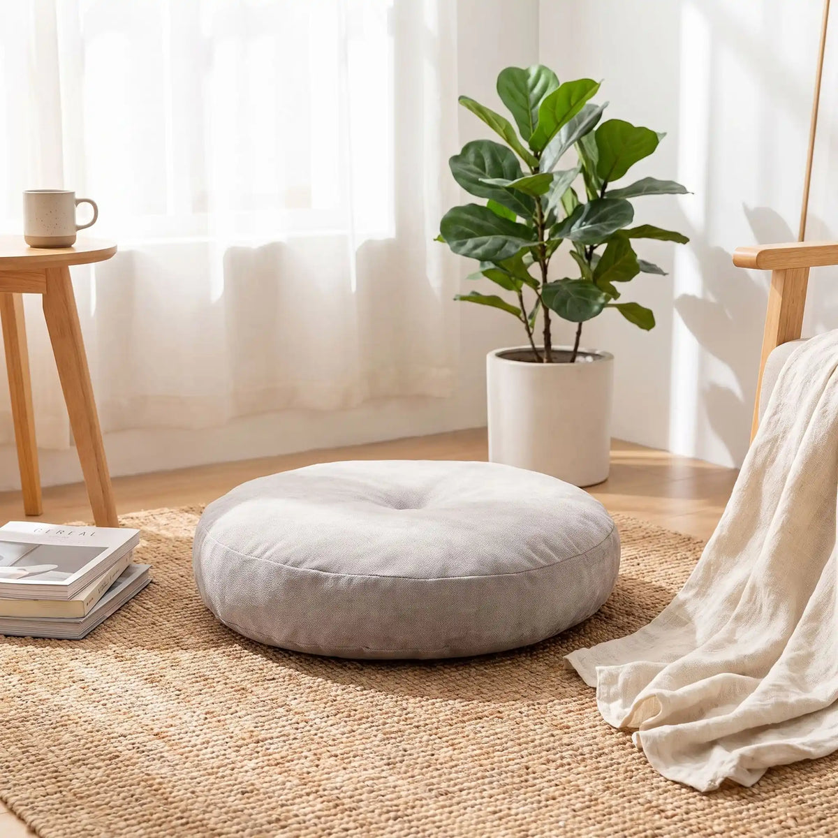 coussin de sol rond gris au salon