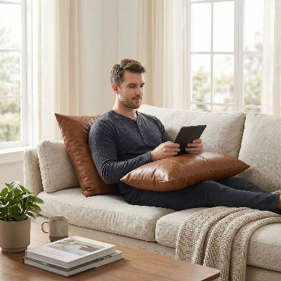 housse coussin en cuir brun confortable