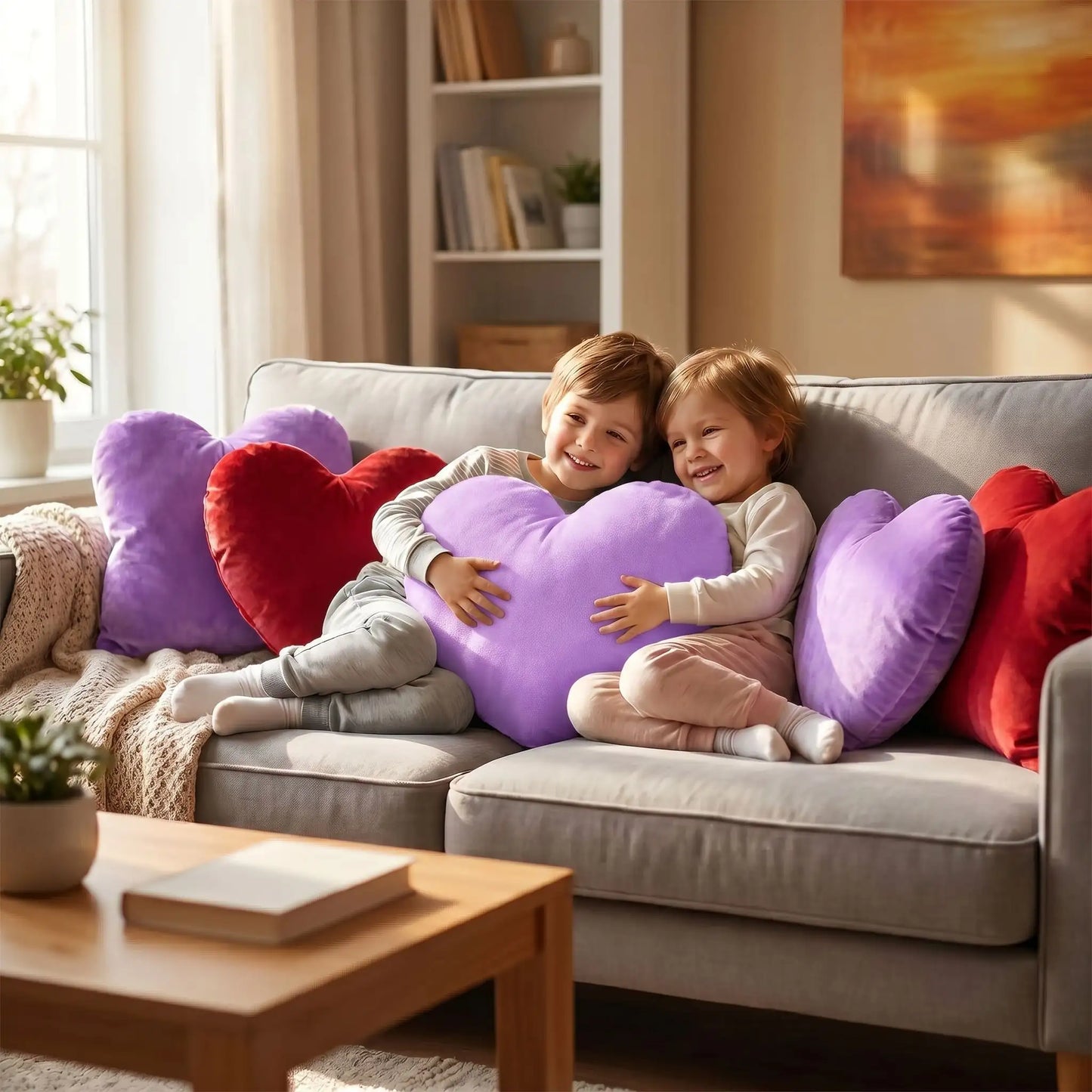 les enfants confortables dans le canapé avec coussins canapé