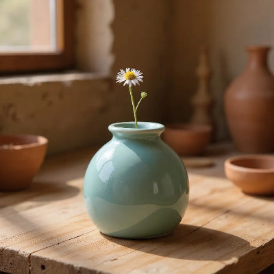 Vase bleue en céramique décorative sur table