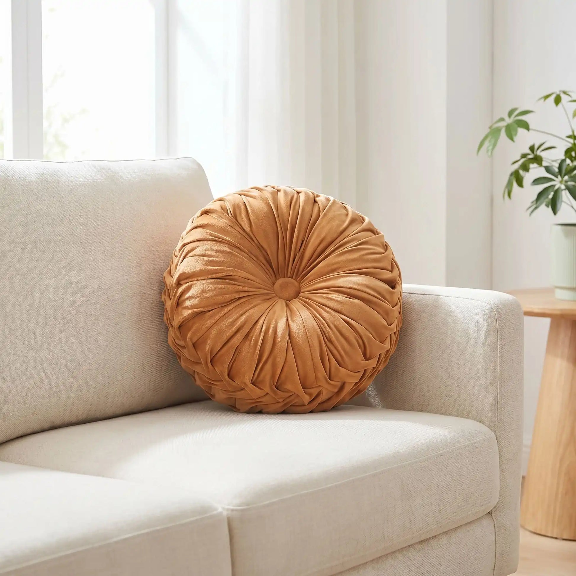 coussin canapé rond caramel au coin du canapé