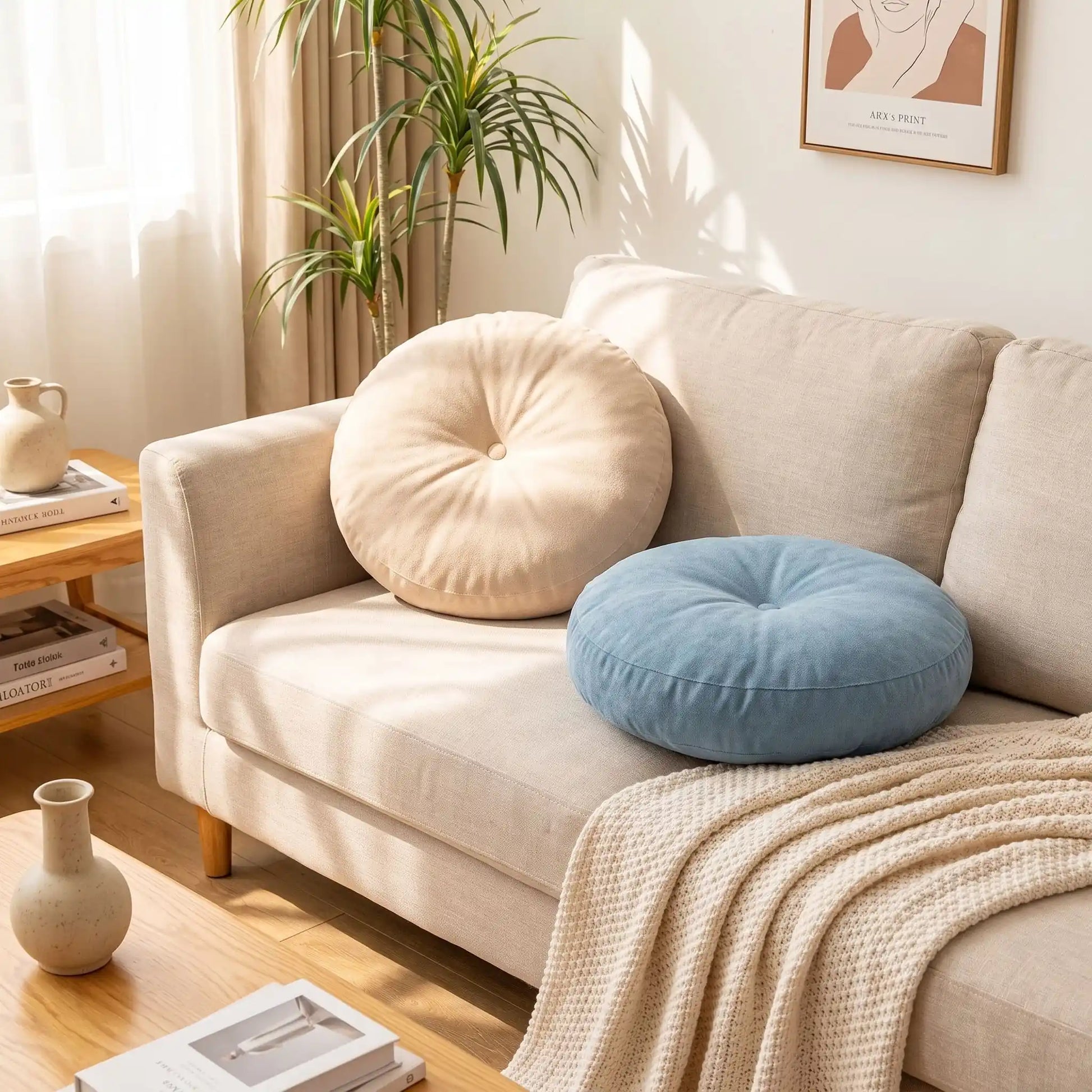 coussin crème bleu dans le canapé