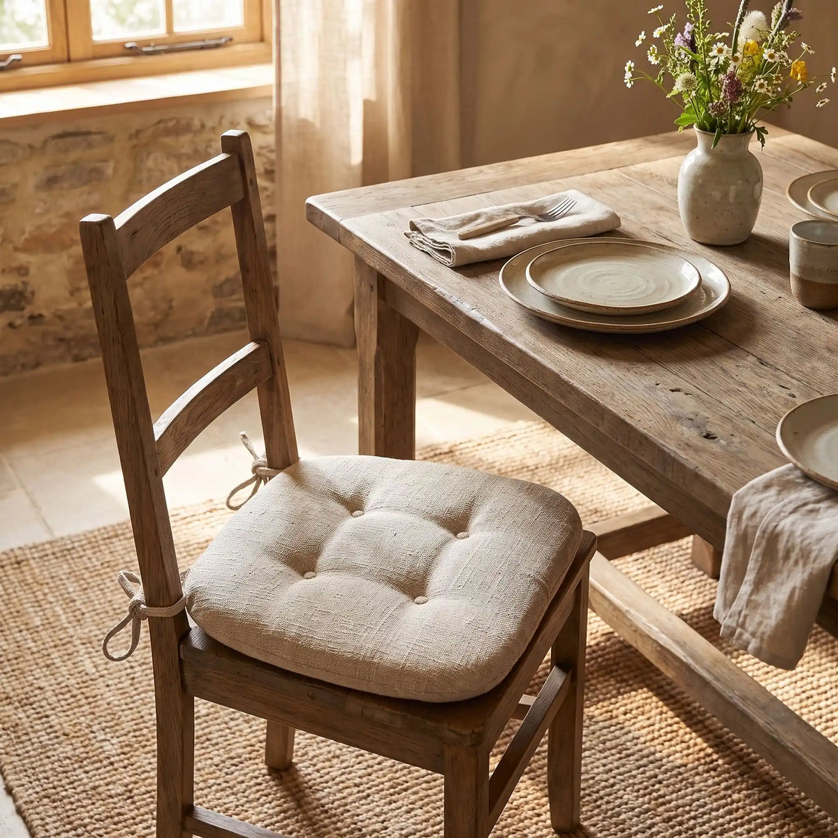 coussin de chaise beige sur chaise face table