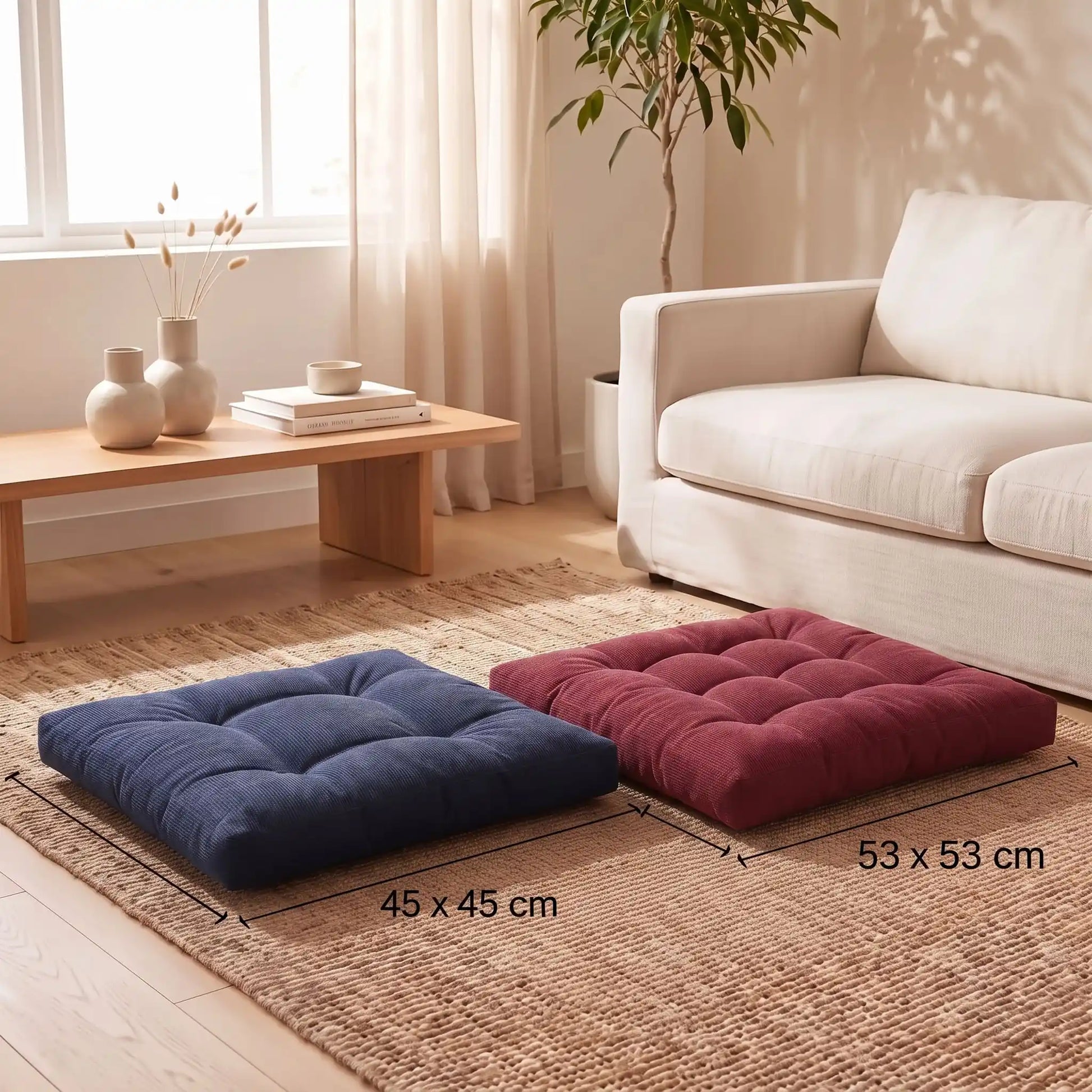 coussin de sol bleu 45x45 et bordeaux 53x53 dans le salon