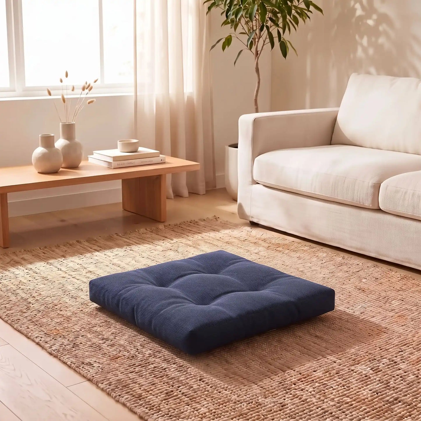 coussin de sol bleu marine sur tapis face divan