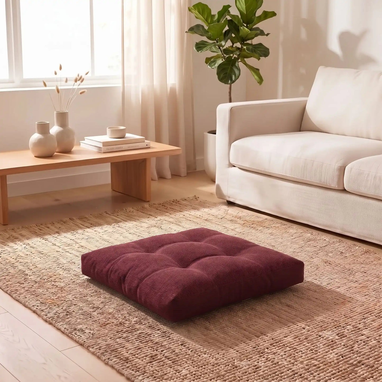 coussin de sol bordeaux sur tapis face divan