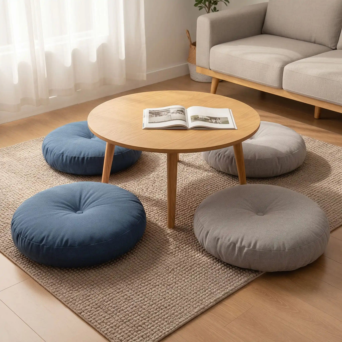 coussin de sol rond bleu et gris autour d'une table basse