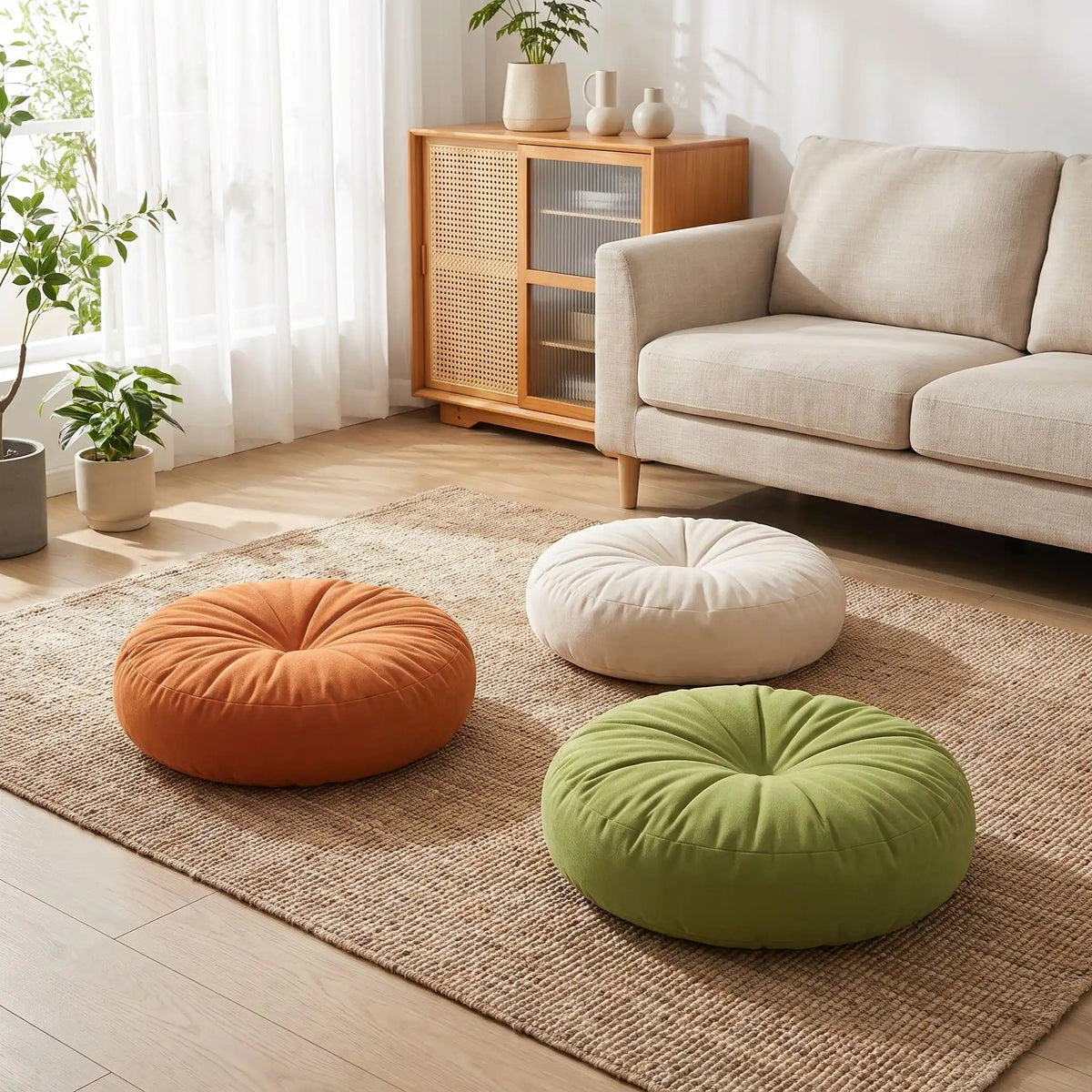 coussin de sol rond chenille moelleux au salon