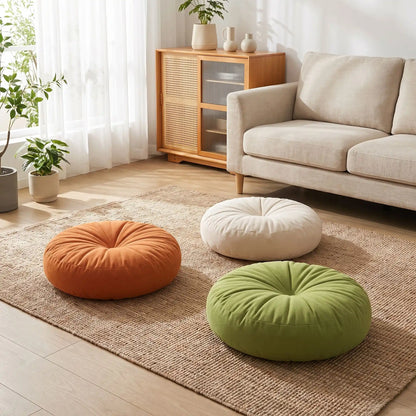 coussin de sol rond chenille moelleux au salon
