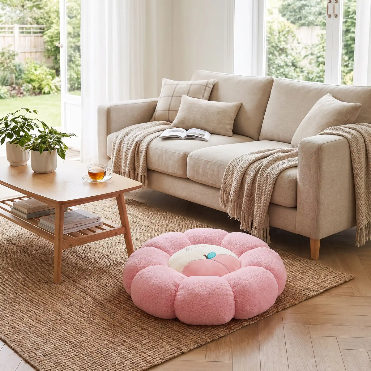 coussin de sol rond rose poudré