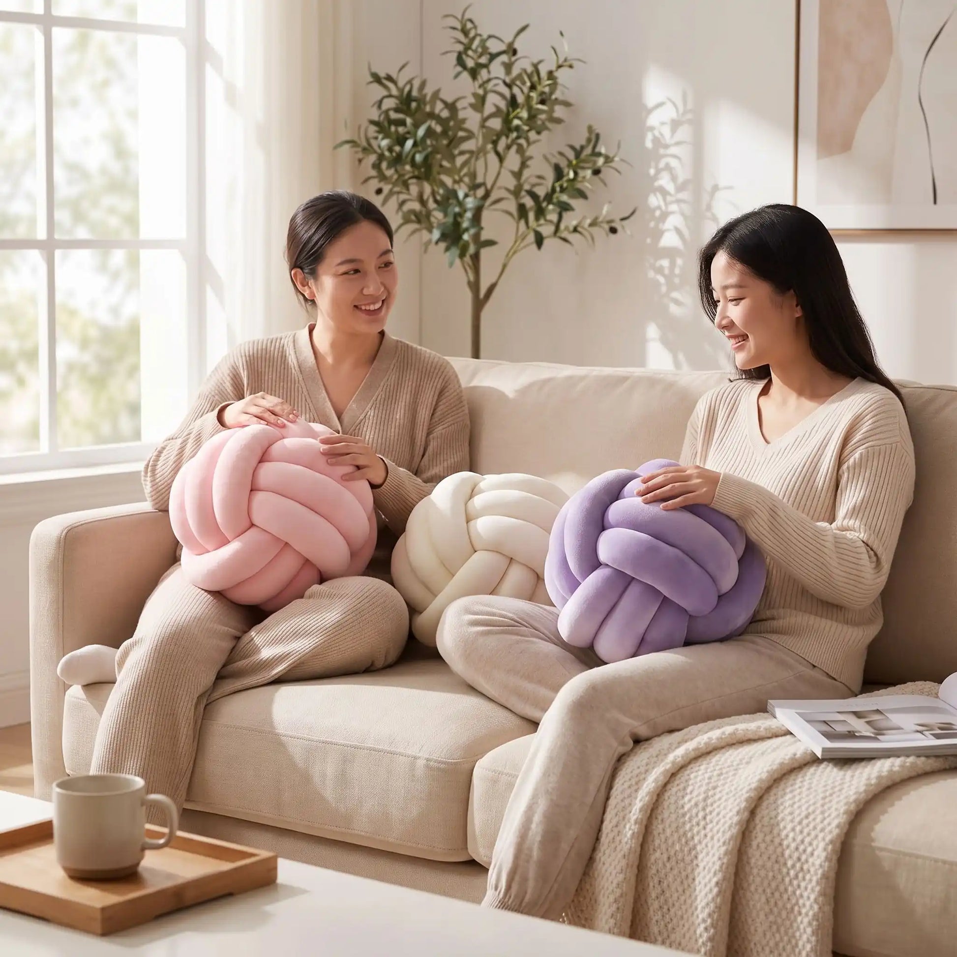 coussin décoratif pour canapé dans les mains des dames
