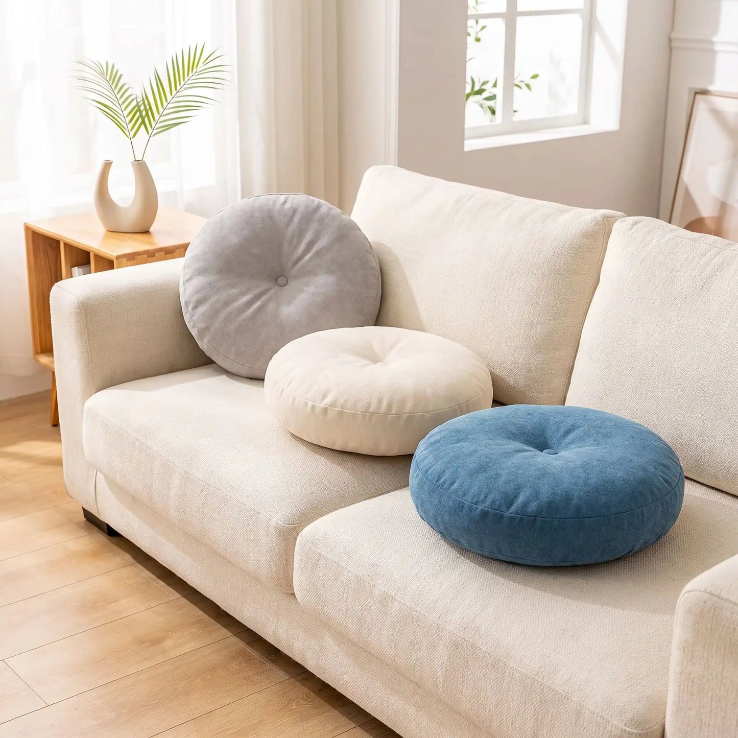 coussin gris crème bleu dans le canapé