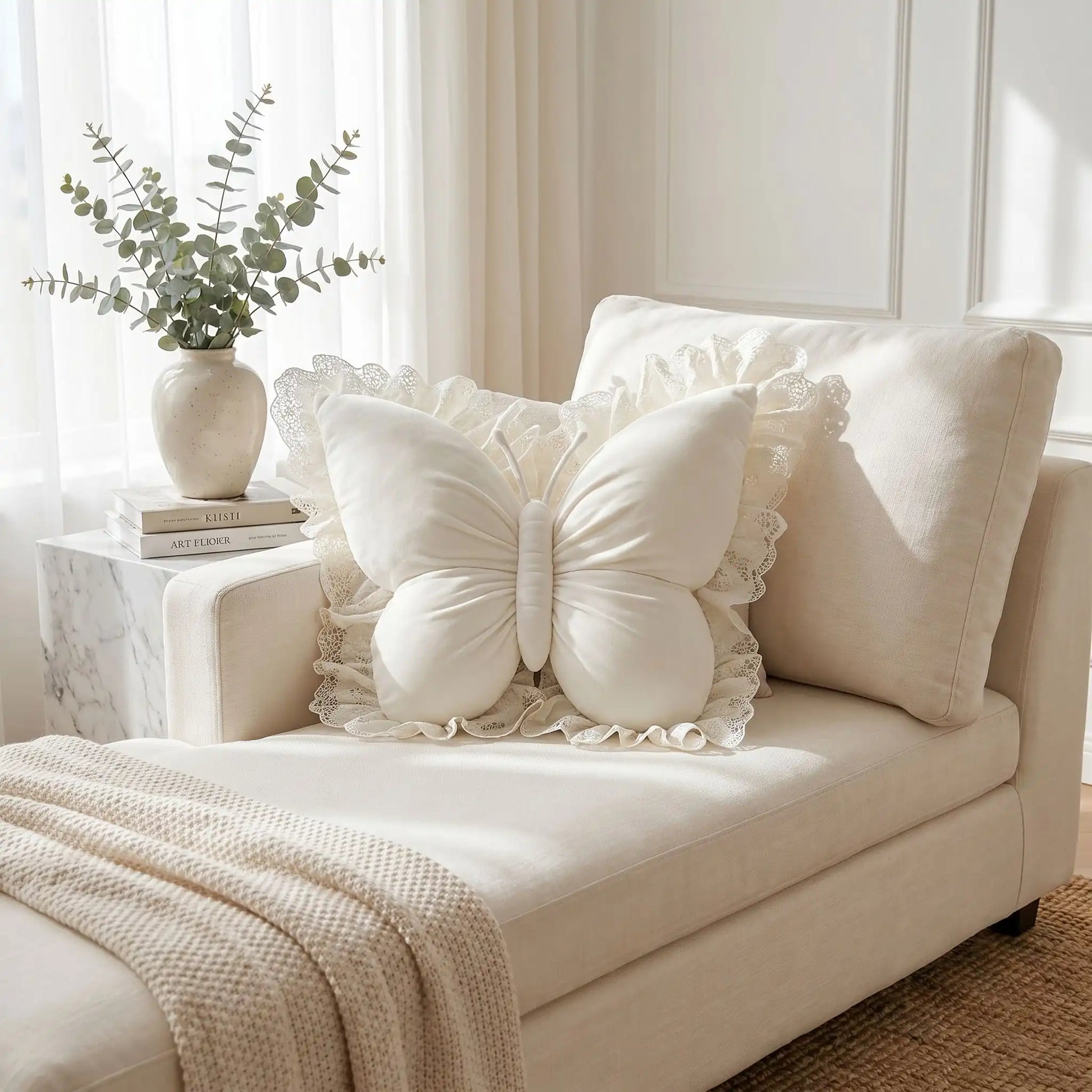 coussin pour canapé papillon blanc sur sofa
