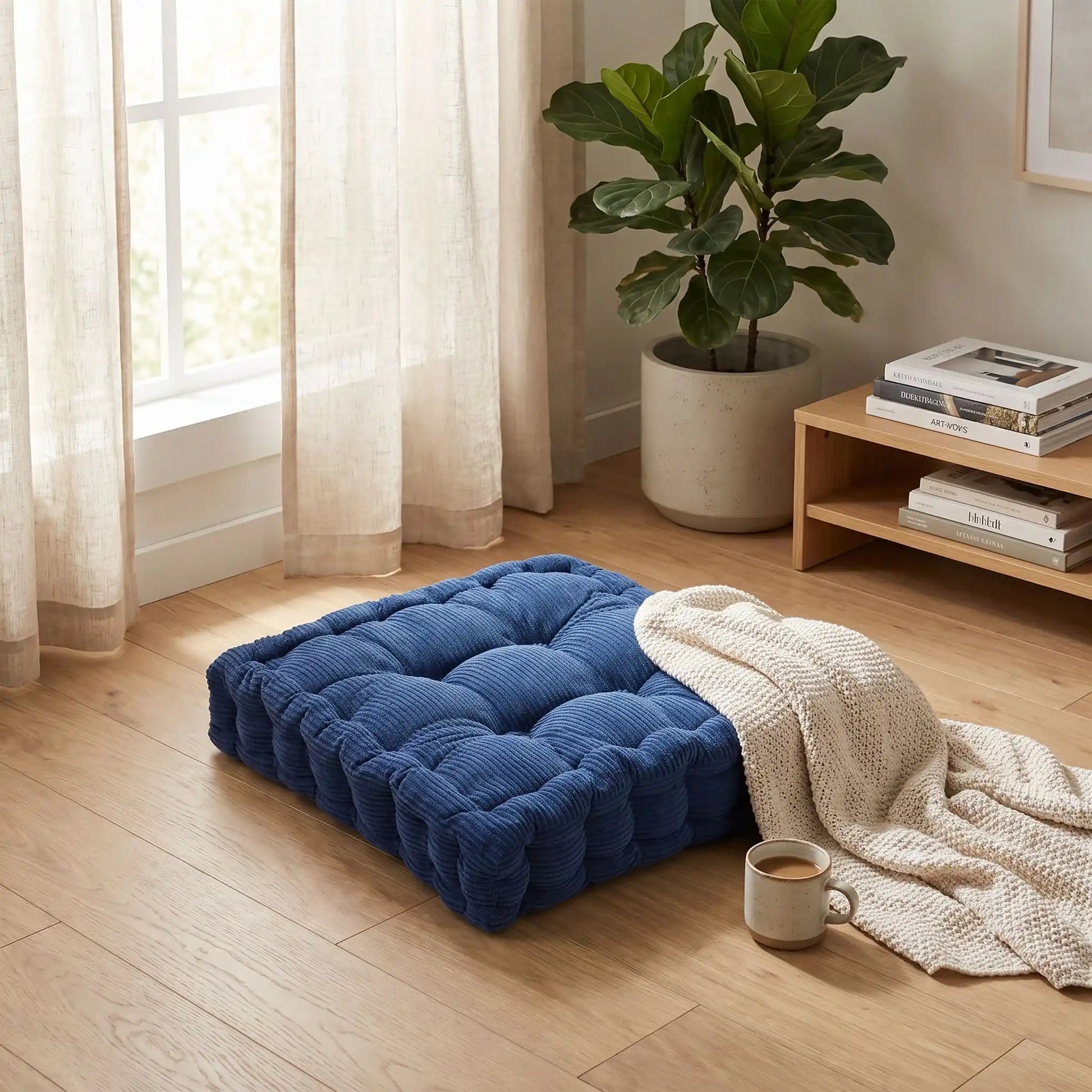 coussins-de-sol-bleu sur le plancher