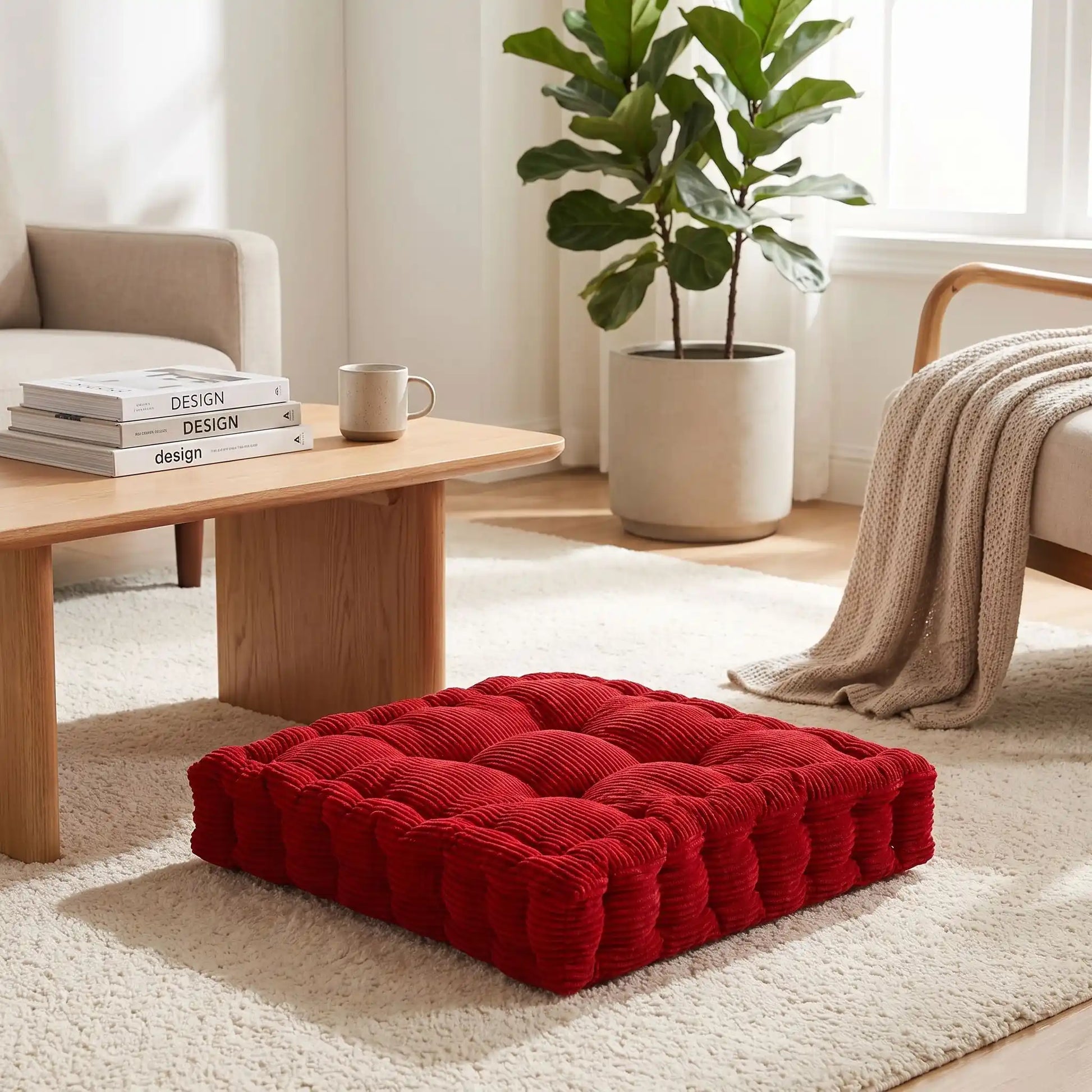 coussins de sol rouge sur tapis au salon
