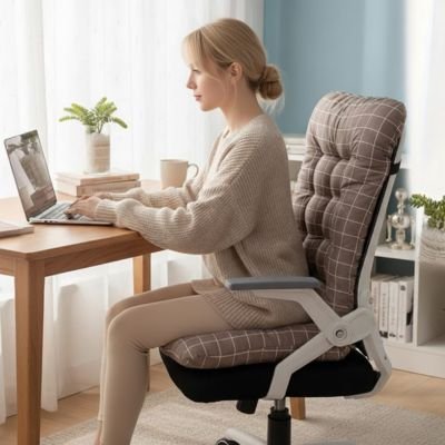 dame assise sur coussin de chaise ordinateur sur table