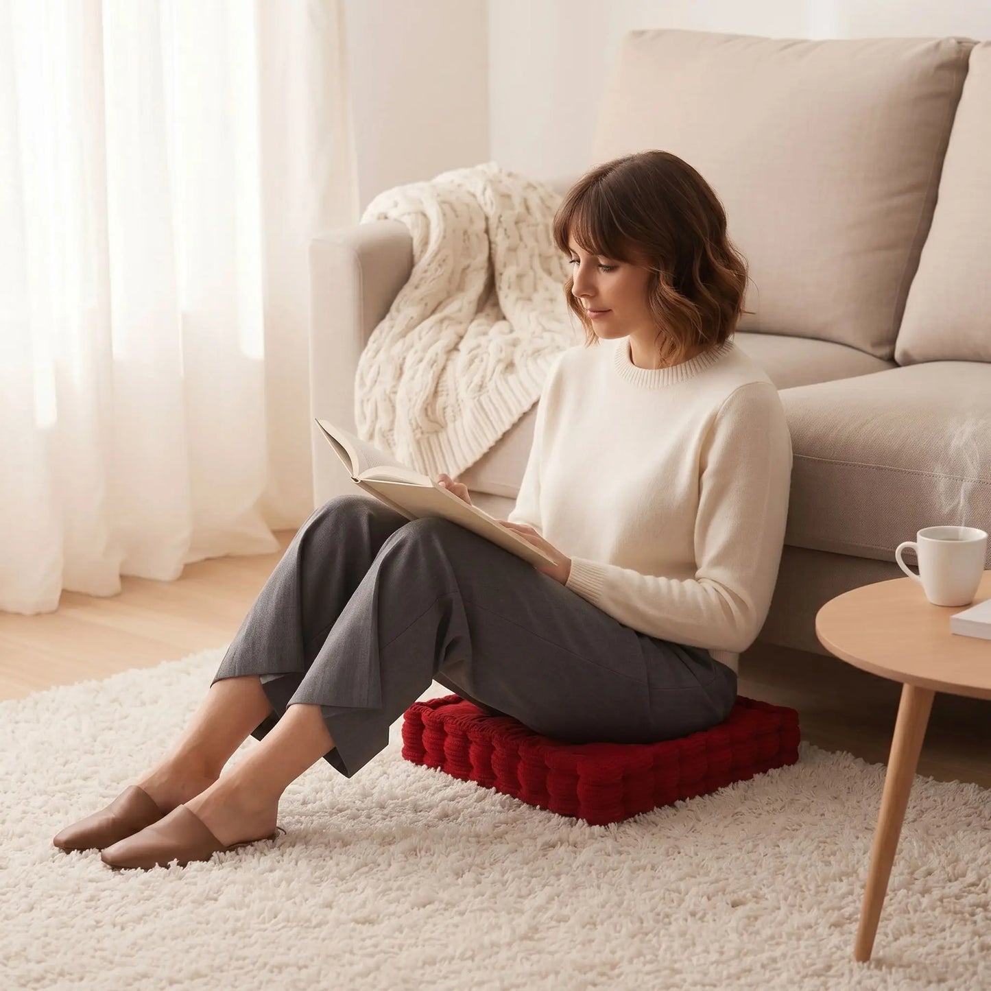 dame assise sur coussins de sol rouge faisant lecture