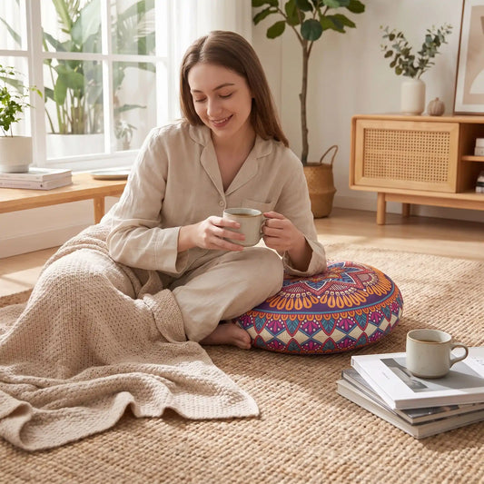dame coude sur coussin de sol  rond tasse en main