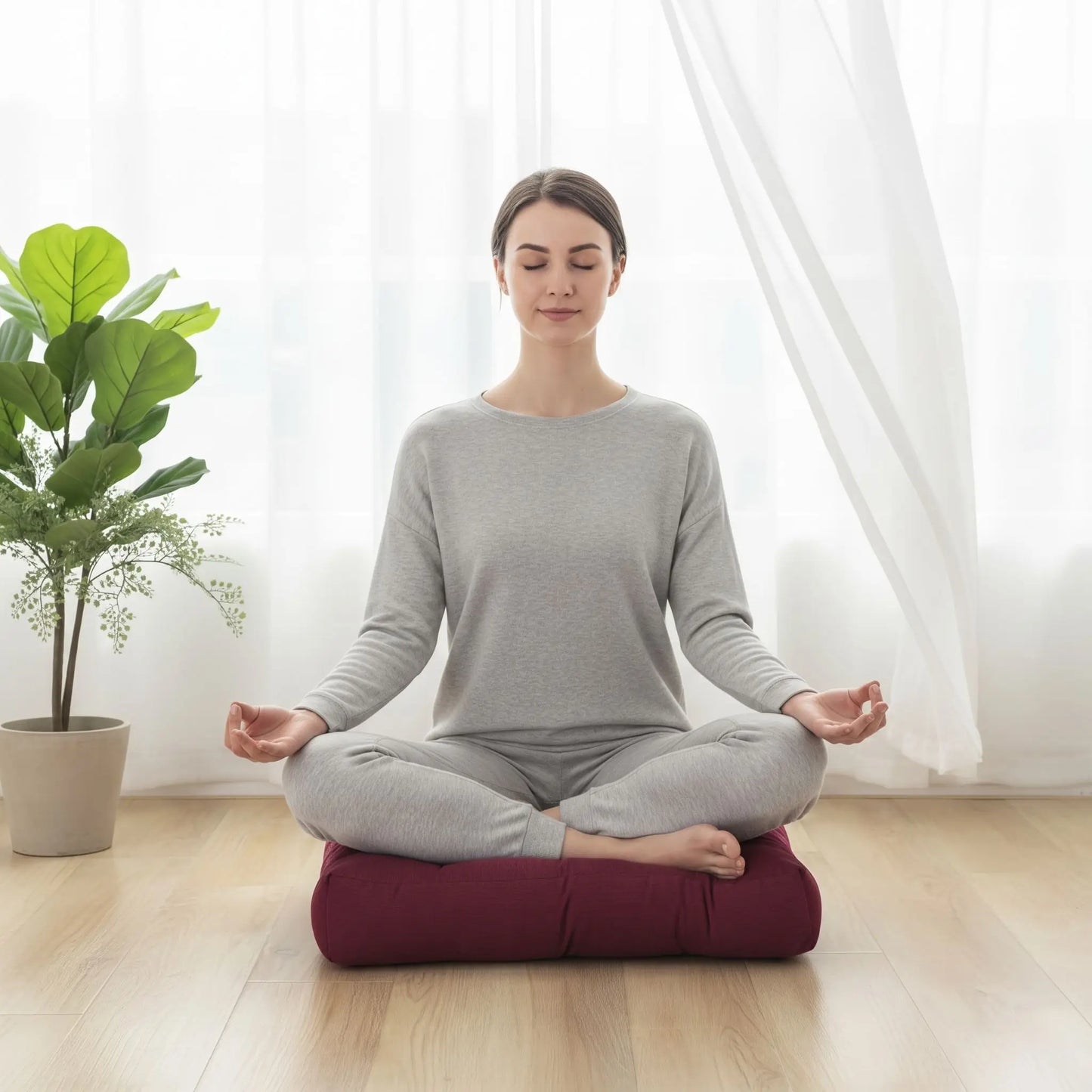 dame en position yoga sur coussin  de sol bordeaux