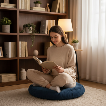 dame lisant sur coussin de sol bleu coin lecture