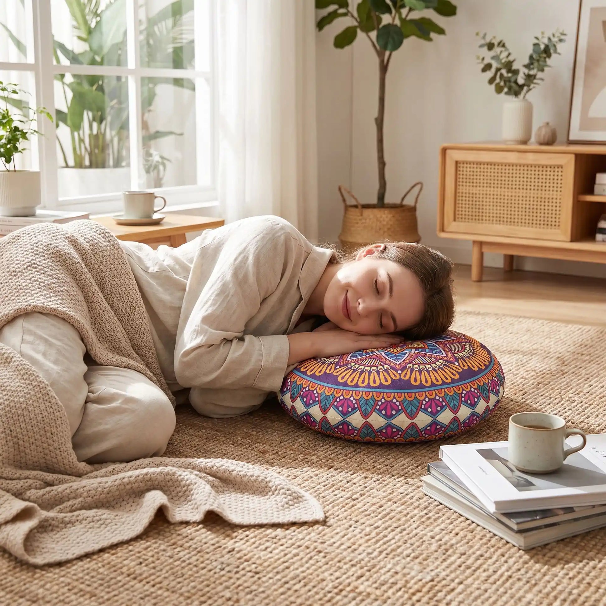 dame reposant sur coussin de sol rond mandala violet