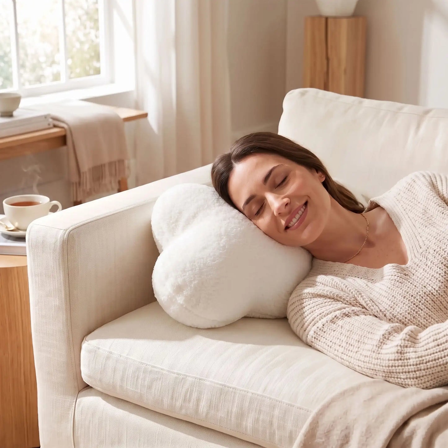 dame souriant tête sur coussins pour canapé 