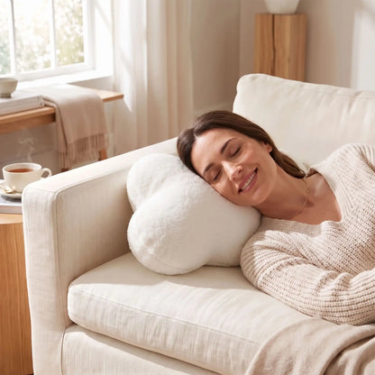 dame souriant tête sur coussins pour canapé 