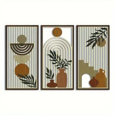 décoration murale bois trois ensemble fond gris avec feuilles