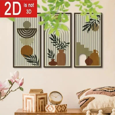 décoration murale bois trois ensemble fond gris avec pot