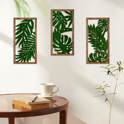 décoration murale trois pièces rectangulaires bois feuilles