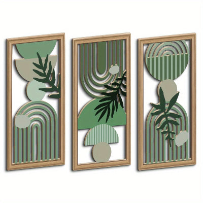 décoration murale trois pieces rectangulaires bois motifs de art