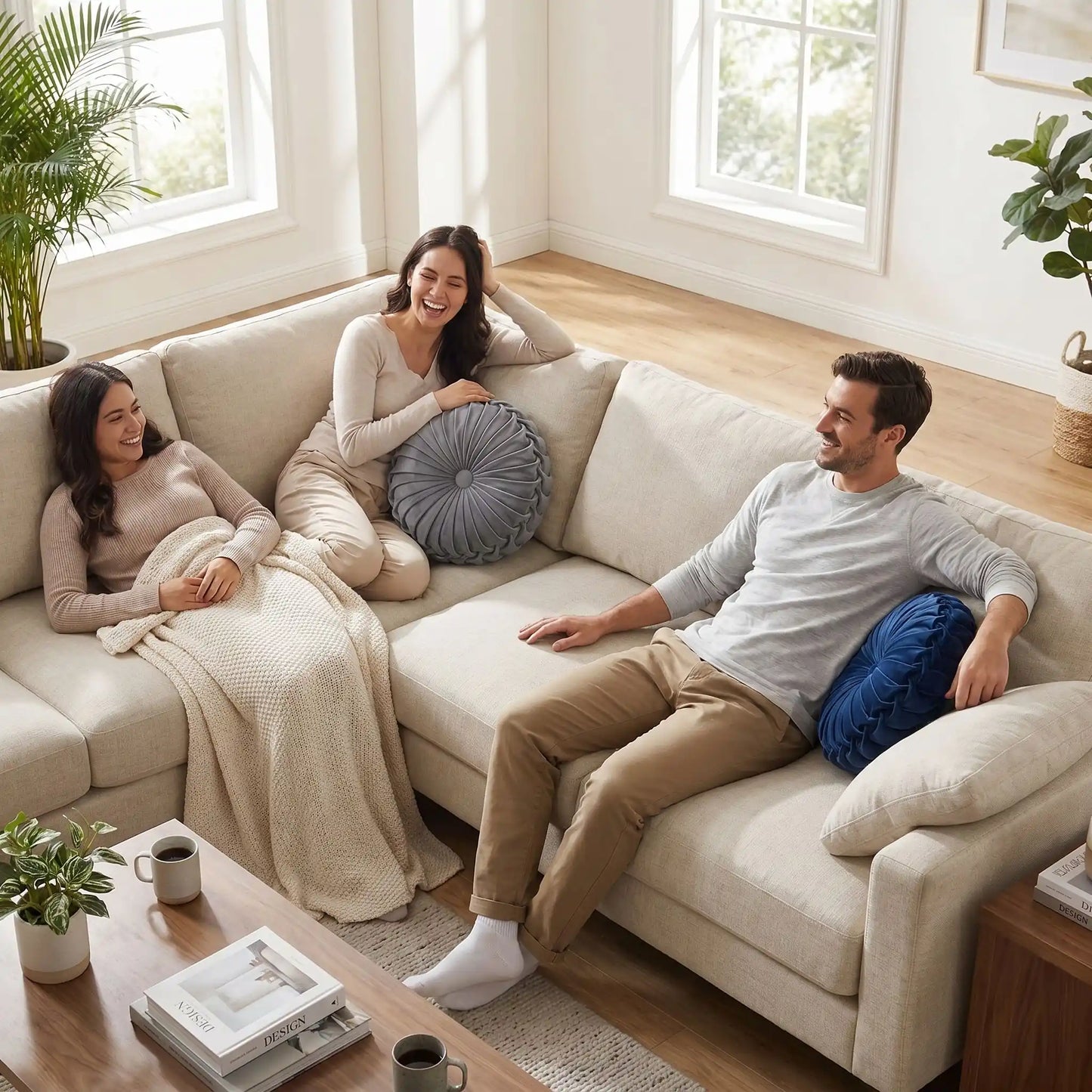 des amis dans le canapé réconfortant avec coussin canapé