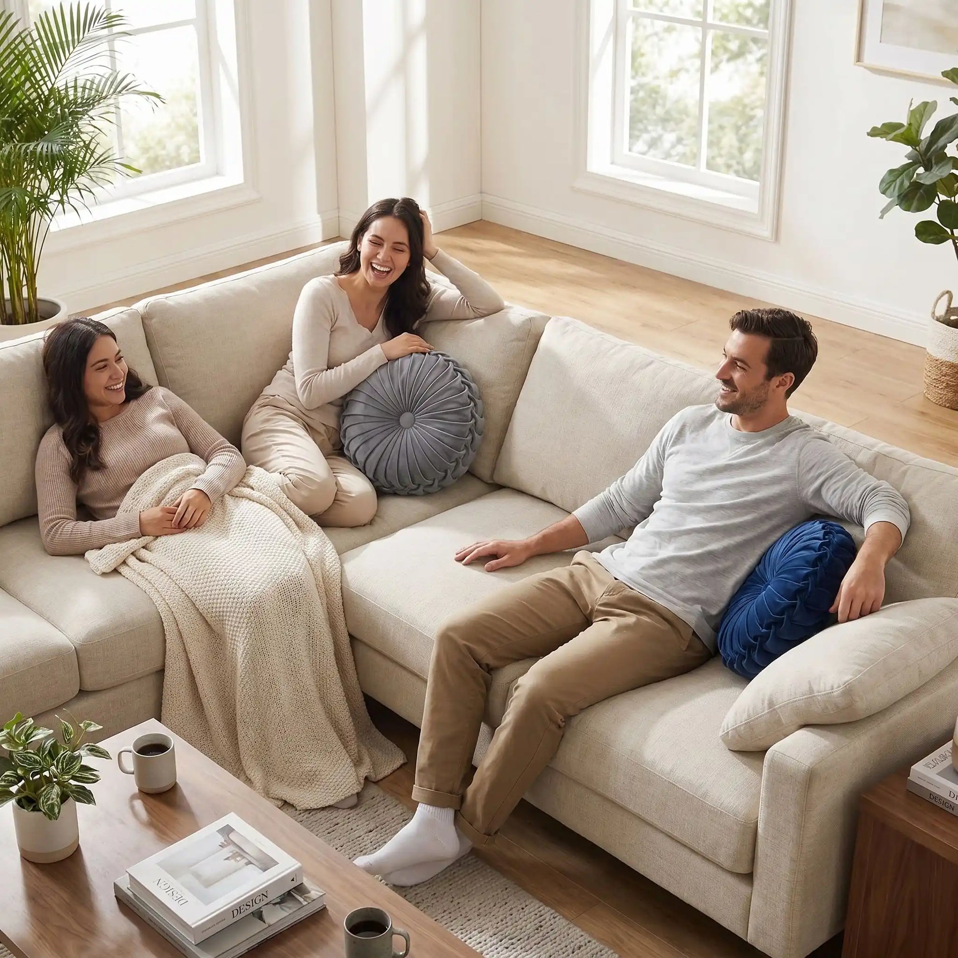 des amis dans le canapé réconfortant avec coussin canapé