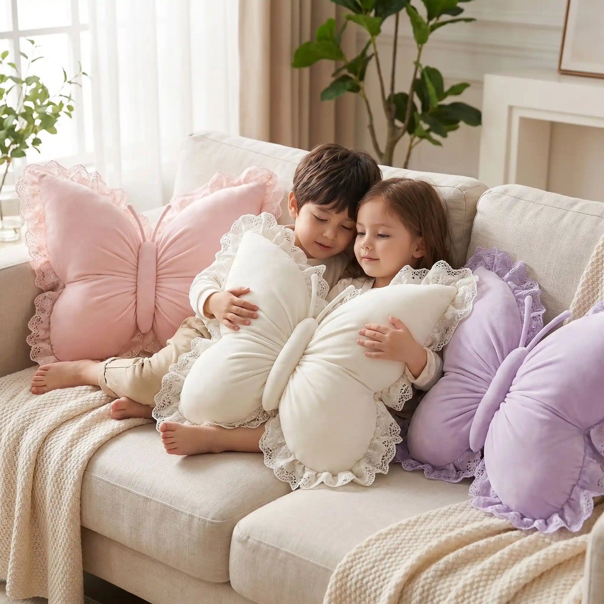 des enfants blottis dans le canapé avec coussin pour canapé