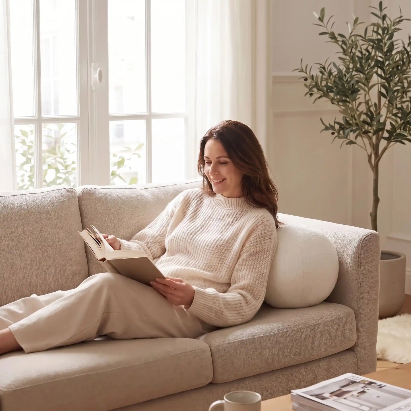 femme allongée sur coussin  canapé rond nordique