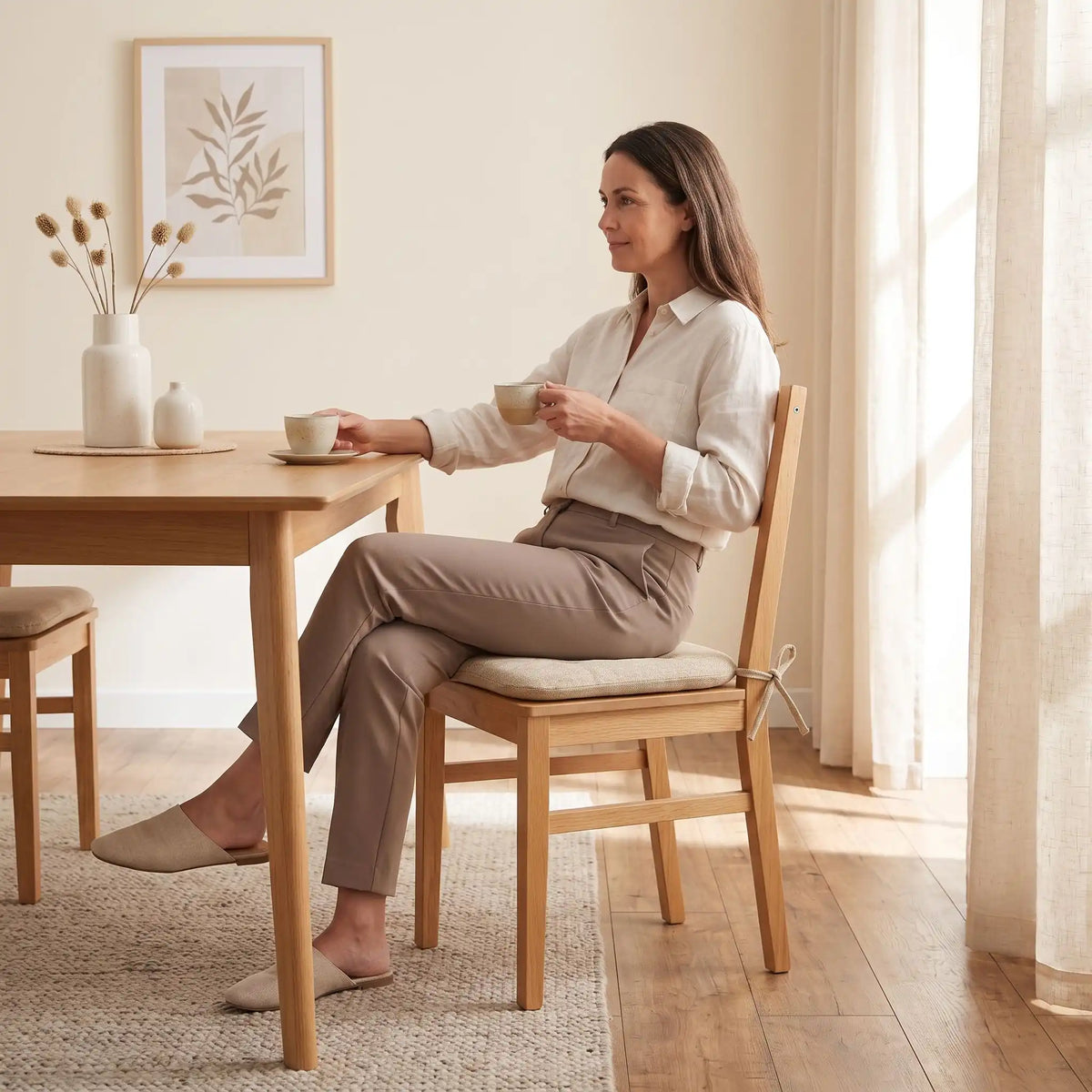 femme assise sur coussin de chaise beige à côté d'une table