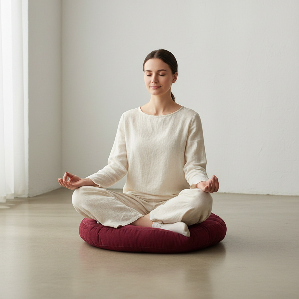 femme en méditation sur coussin de sol bordeaux