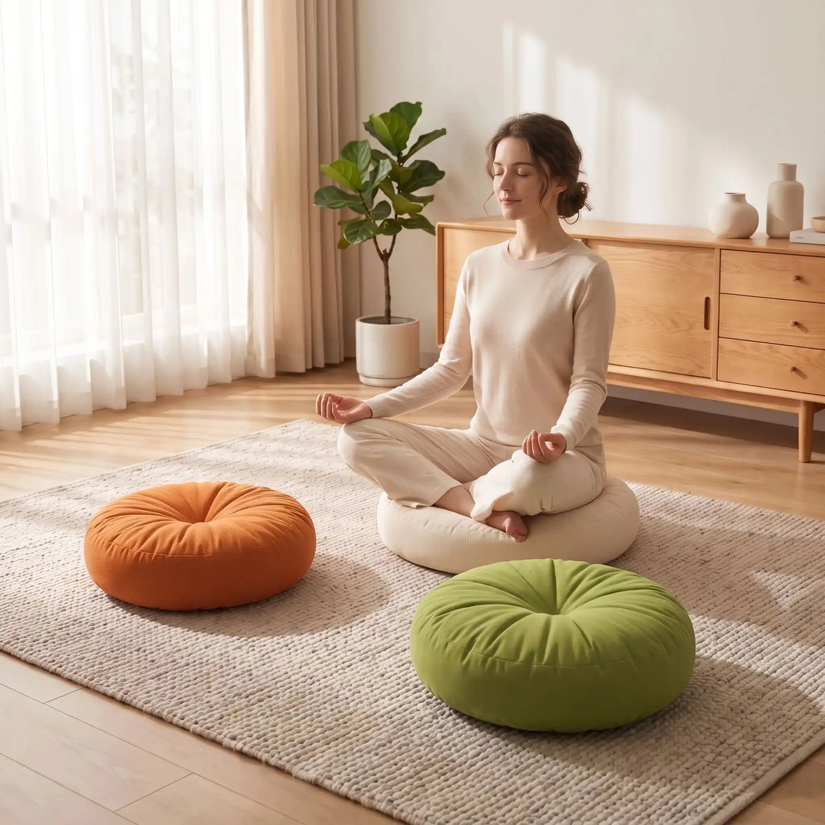 femme en méditation sur coussin de sol rond blanc dans son salon