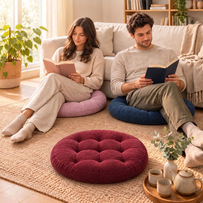 femme et homme lisant sur gros coussin de sol