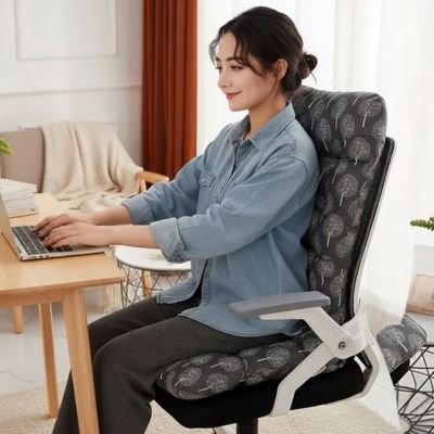 femme sur coussin de chaise travaille sur ordinateur