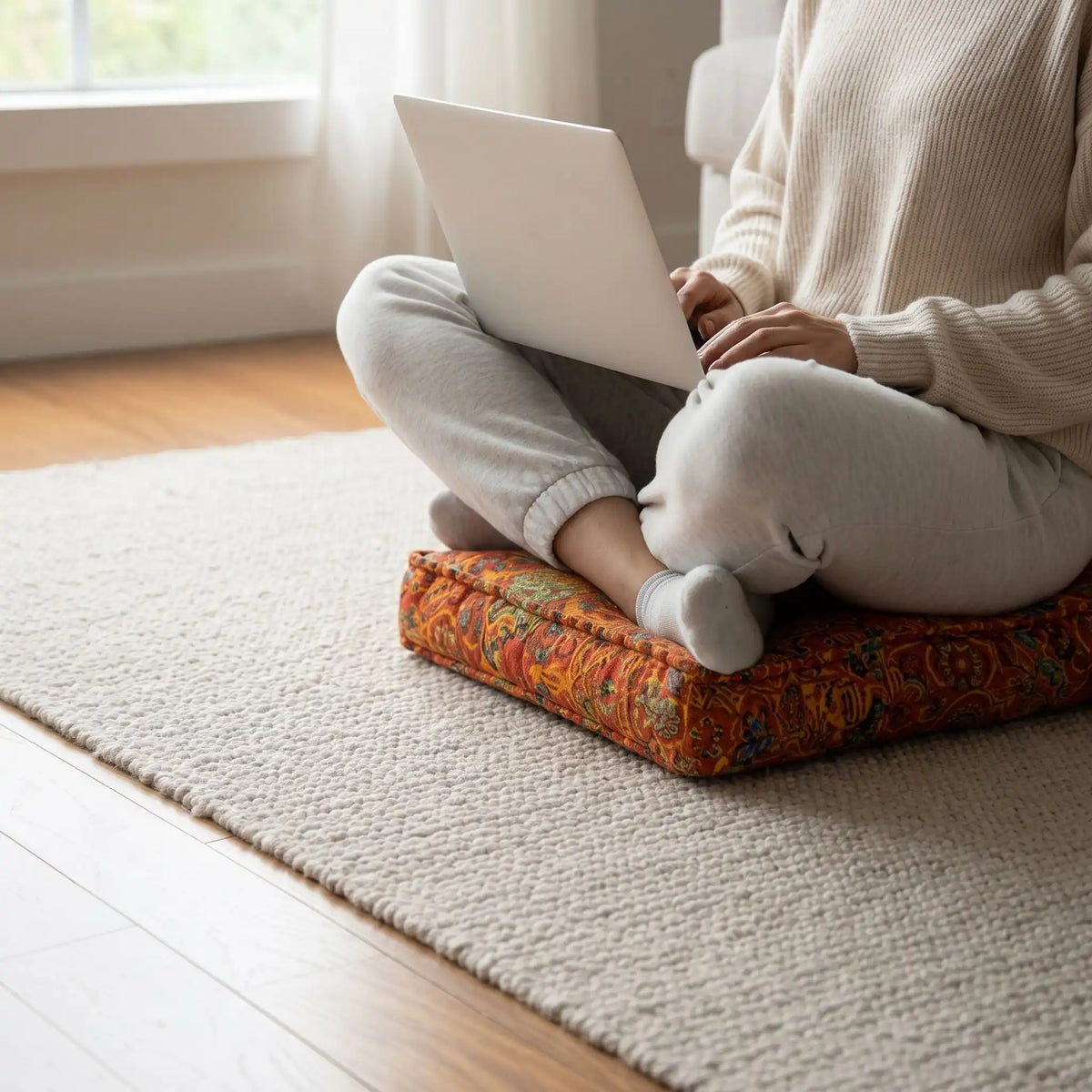 femme sur coussin de sol ordinateur sur les jambes croisés