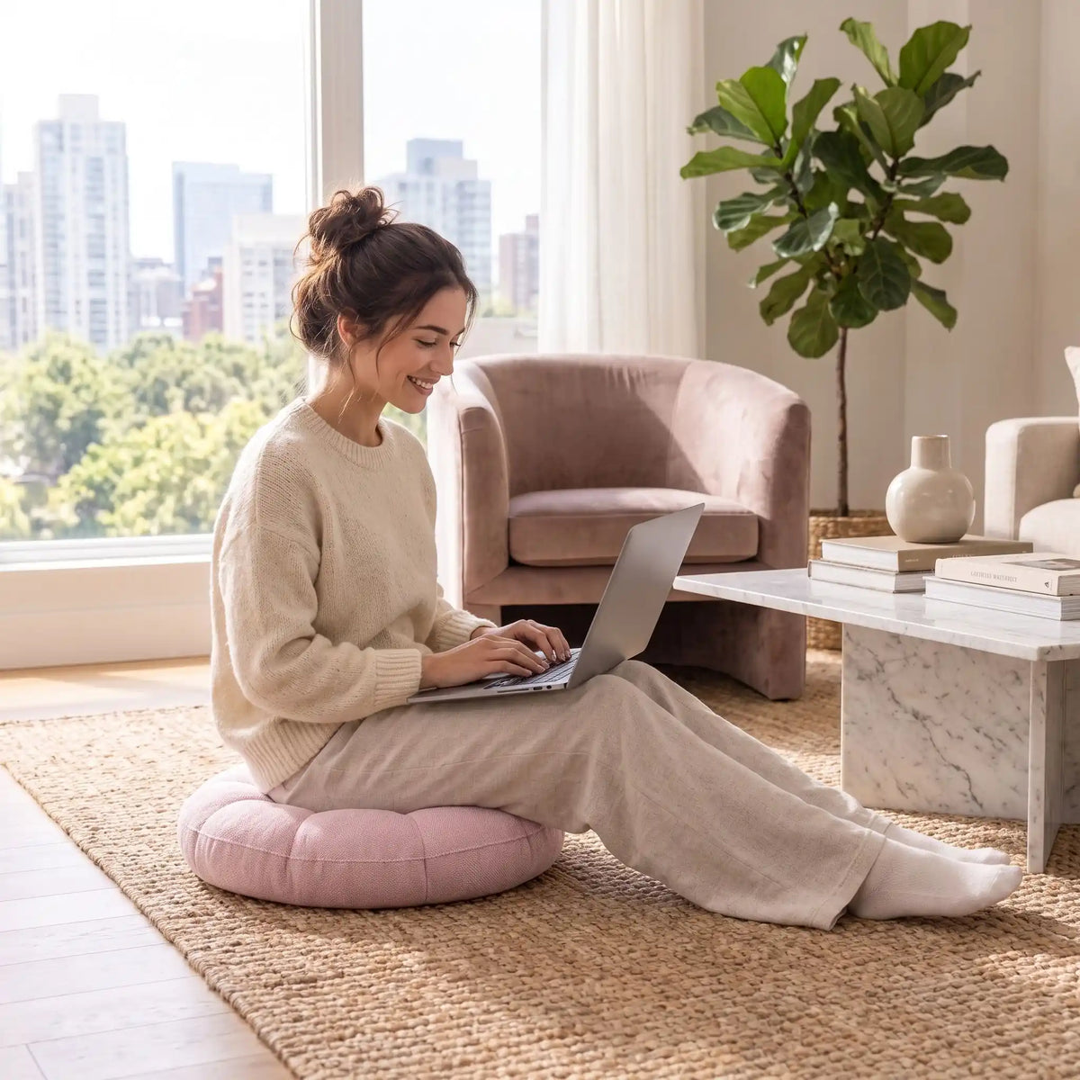 femme travaillant assise sur gros coussin de sol