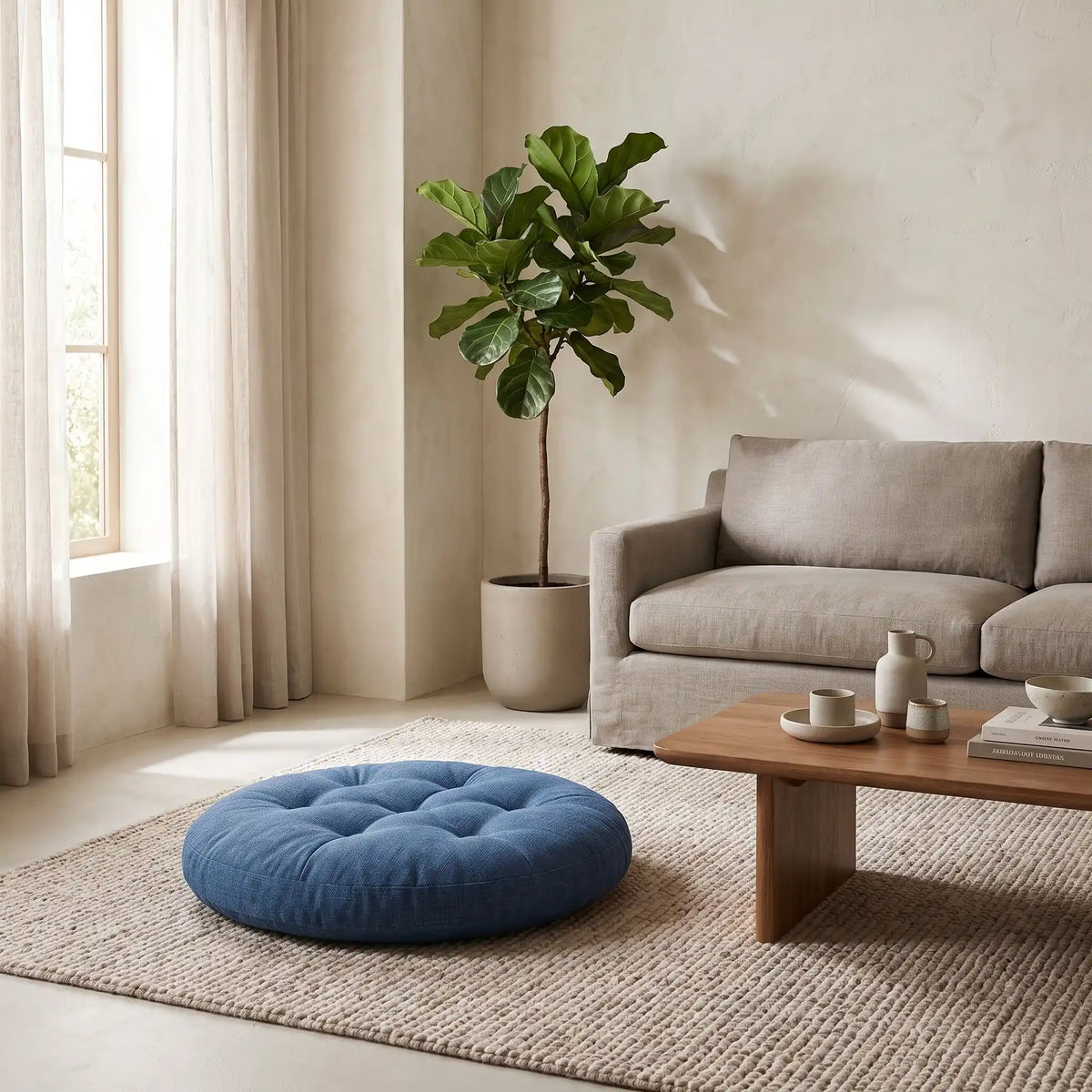 gros coussin de sol bleu au salon