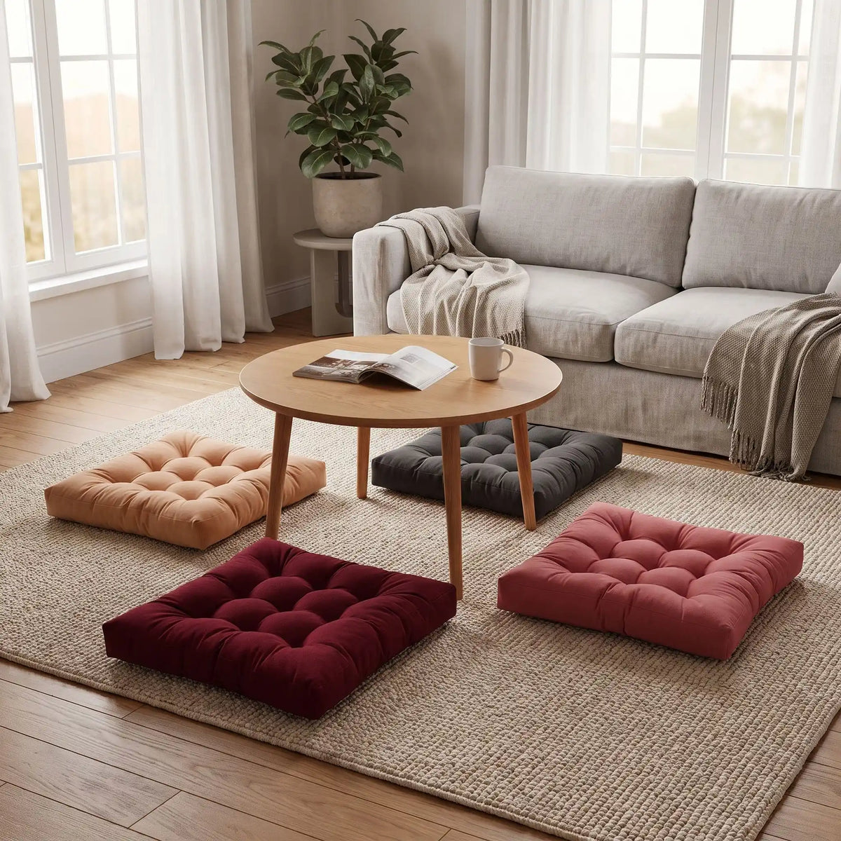gros coussin de sol sur tapis au salon