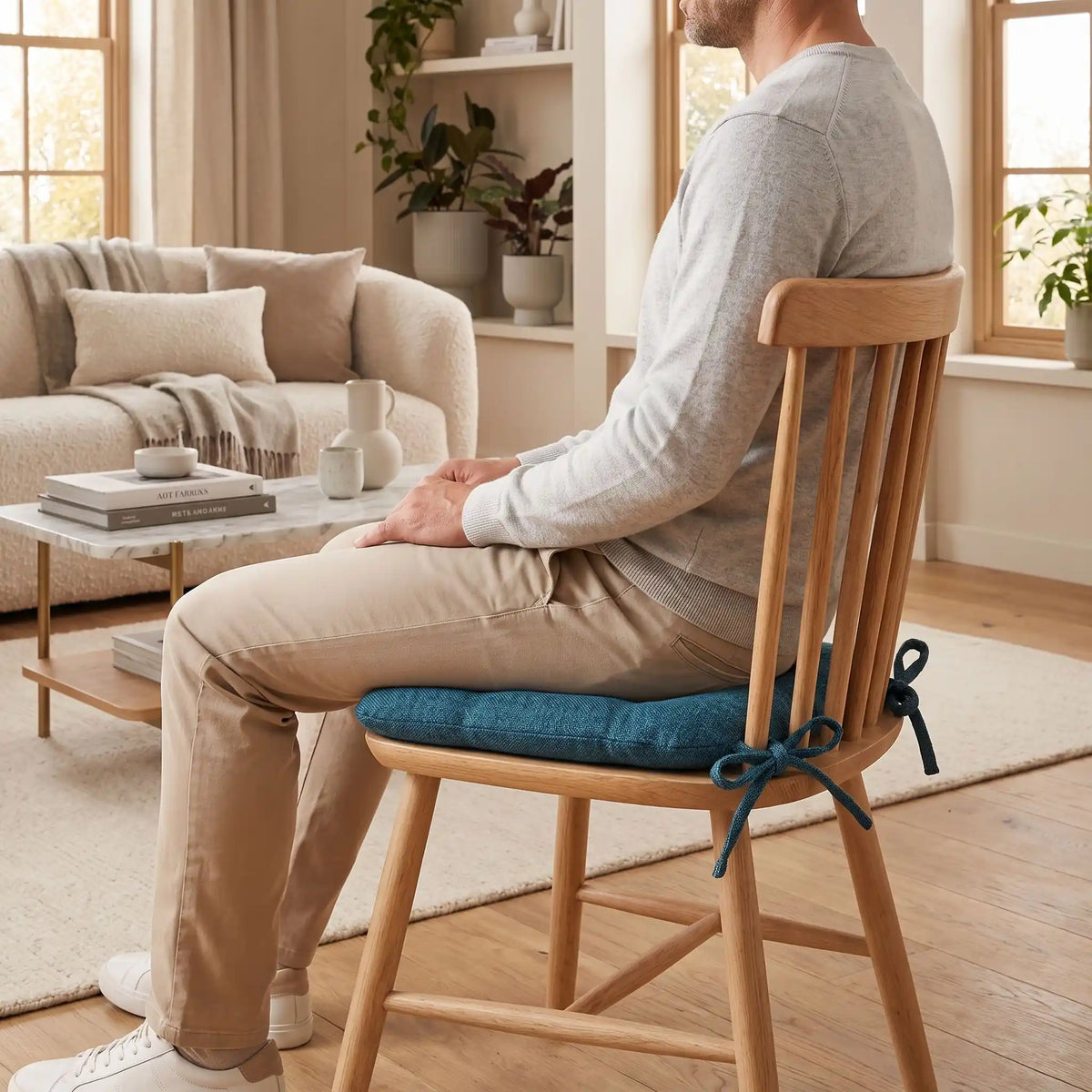 homme assis sur chaise avec coussin de chaise bleu au salon