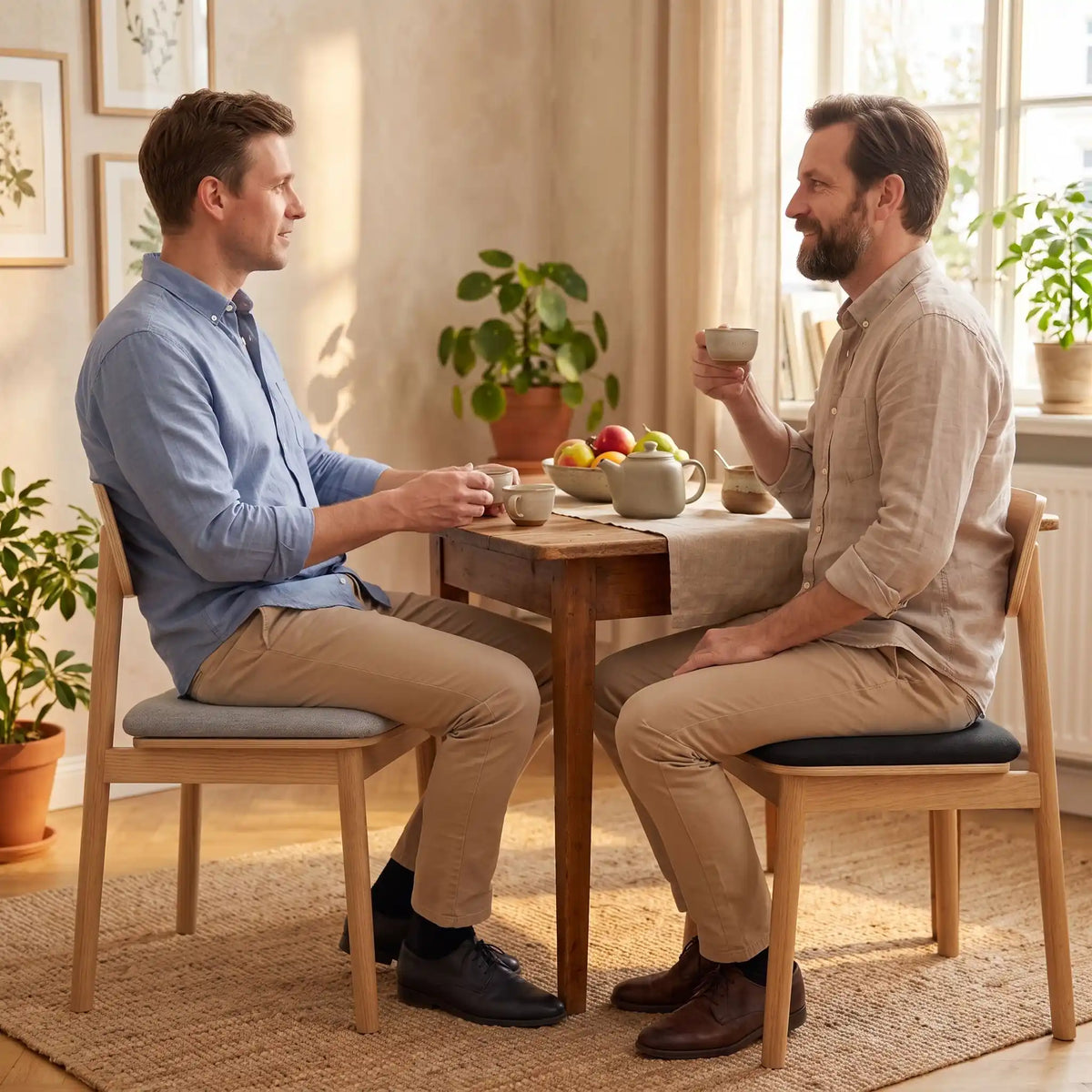 homme assis sur coussin de chaise prenant thé avec  ami