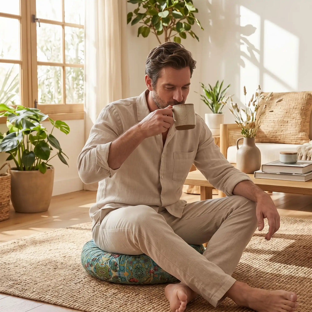 homme assit sur coussin de sol 50x50 café en main