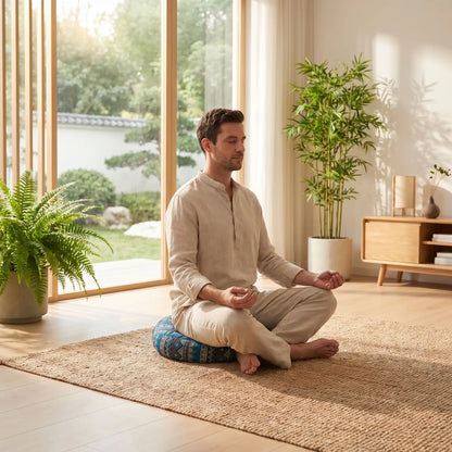 homme en méditation assis sur coussin de sol