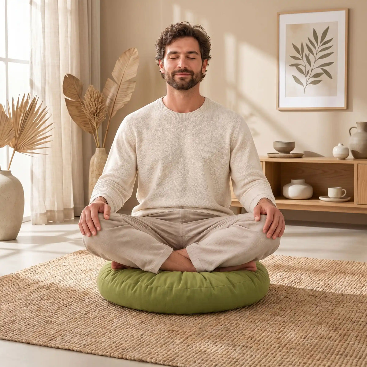 homme en posture de yoga sur un coussin de sol rond vert